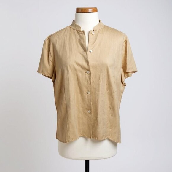 Talbots 18 Pure Silk Blouse Beige Tan Short Sleeve Button Front Mandarin Collar - Picture 1 of 15